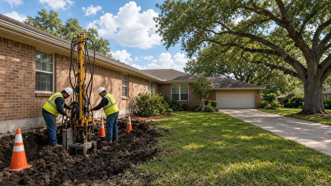 Austin foundation repair crew installing steel piers beside a Texas home