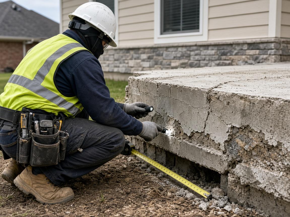 Licensed foundation inspector checking a concrete slab in Austin TX